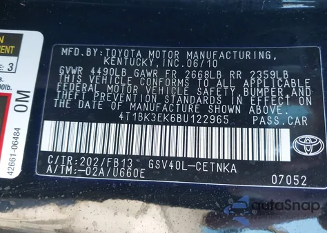 2011 Toyota Camry Se из США, поврежденный, VIN 4T1BK3EK6BU122965